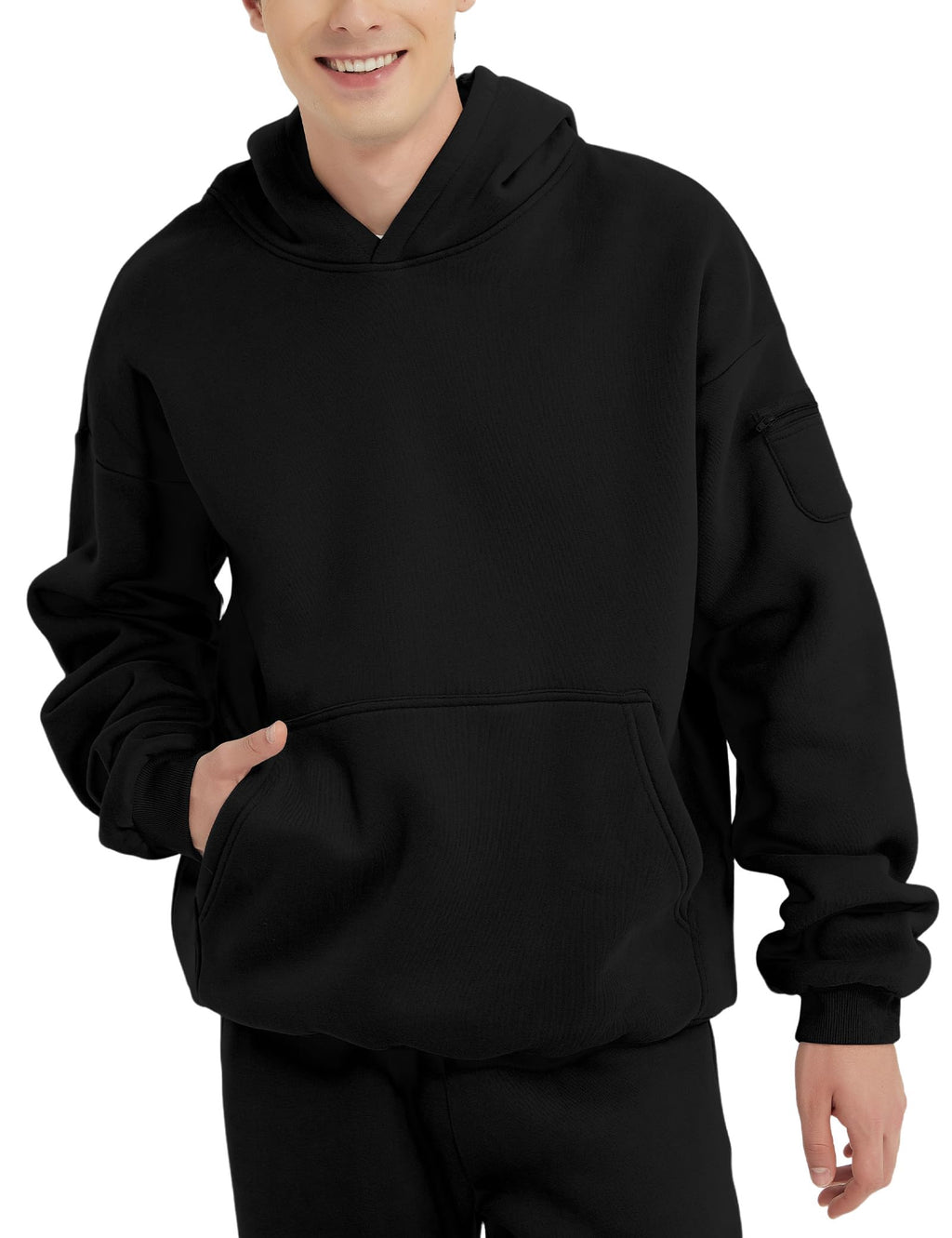 FAIABLE Mens Fleece Pullover Hoodie Relaxed Fit Oversized Hoodie for Men Soft Hooded Sweatshirts Everyday Casual Travel Hoodie with Zipper Pockets,Black, Medium