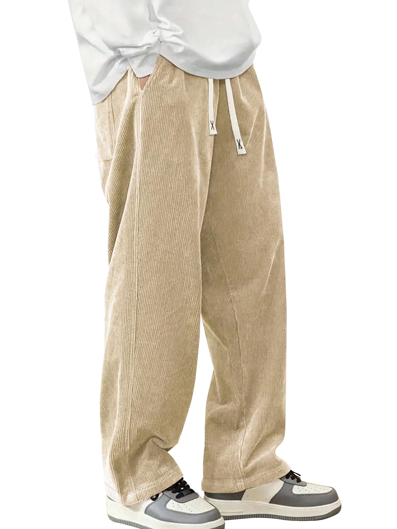 Hidkat Mens Corduroy Casual Pants Fashion Loose Fit Wide Leg Pants Straight Sweatpants Elastic Waist Drawstring Khaki