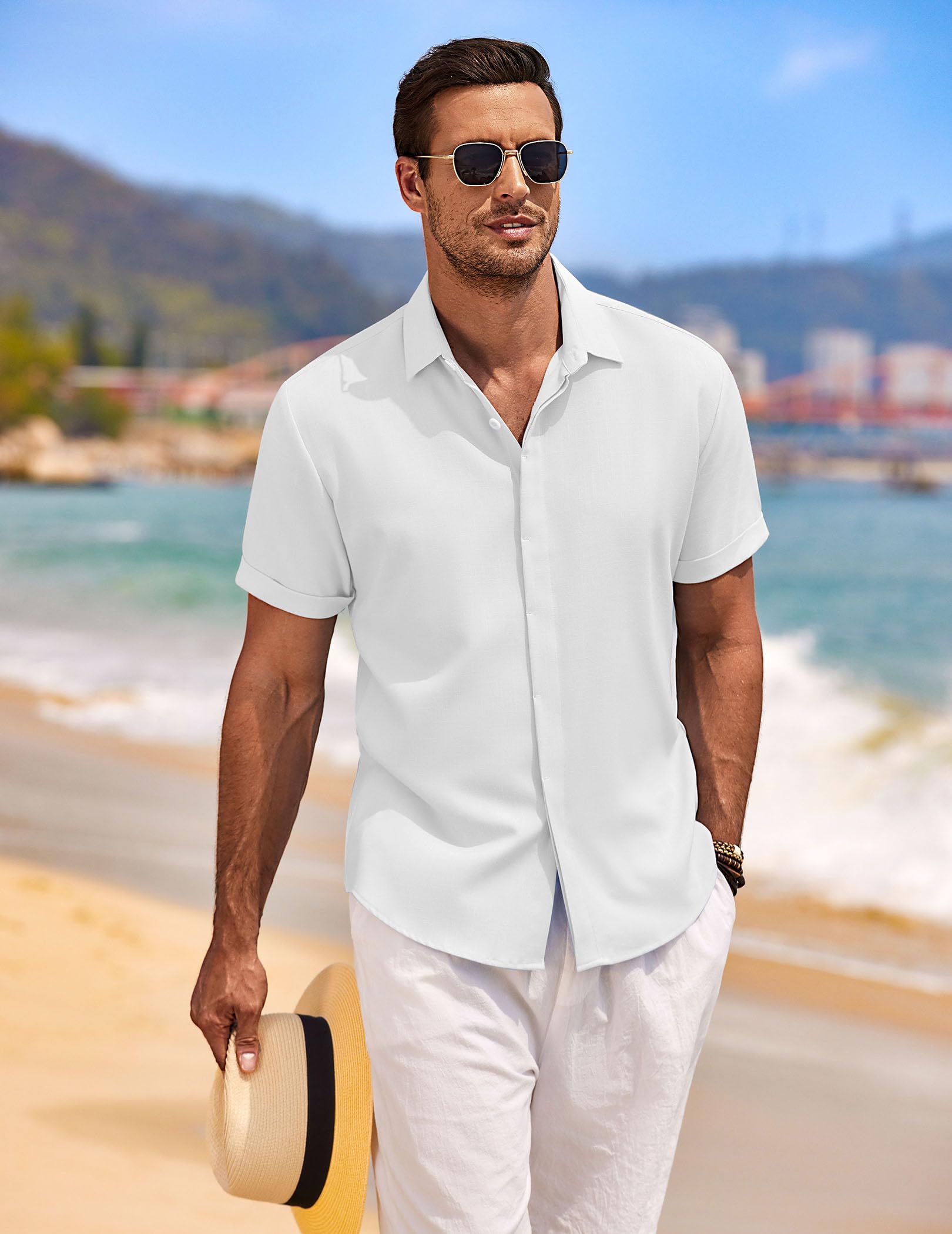 COOFANDY Men's Beach Wedding Shirt Casual Short Sleeve Linen Shirts Button Up Shirt