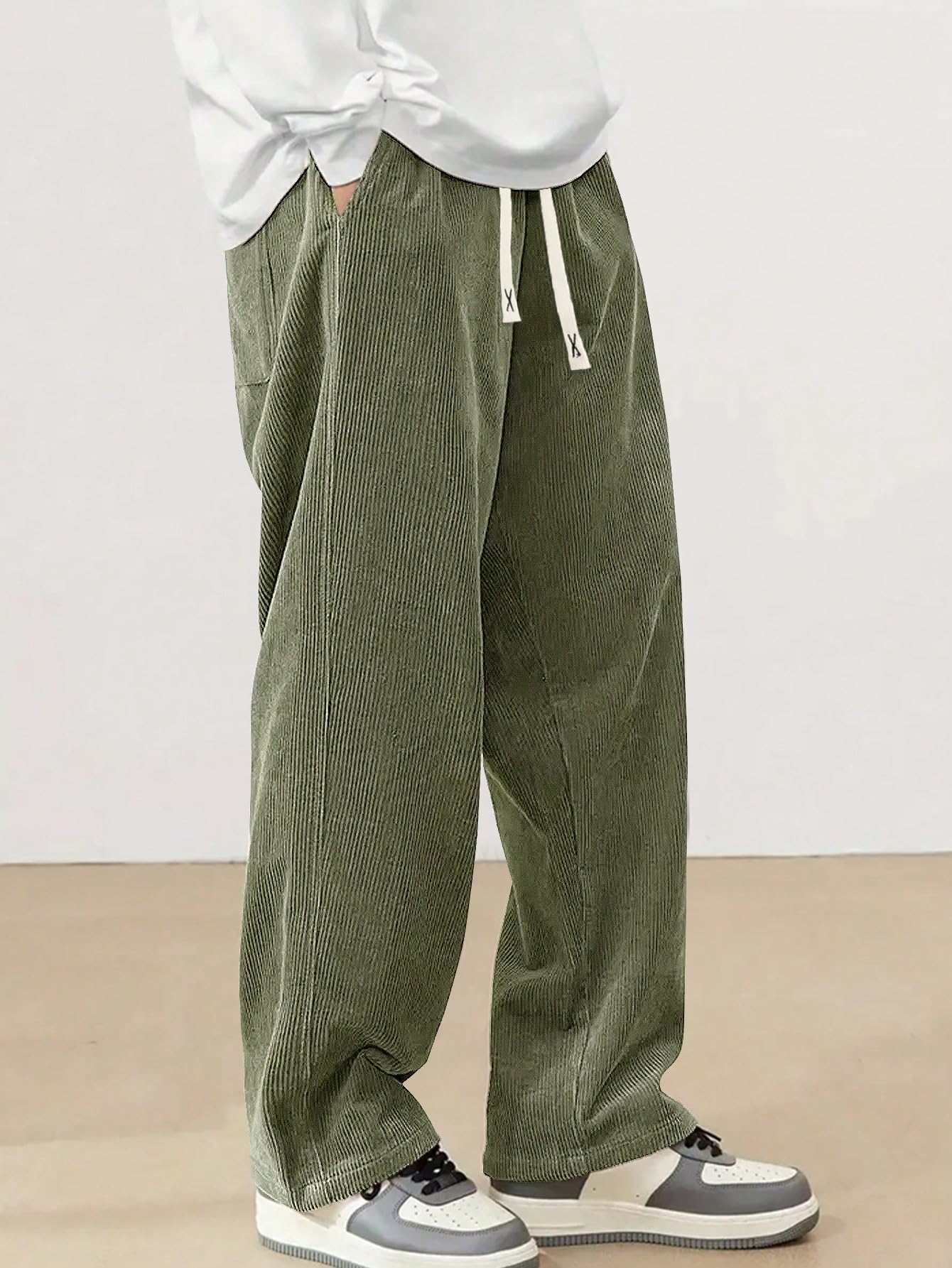 Hidkat Mens Corduroy Casual Pants Fashion Loose Fit Wide Leg Pants Straight Sweatpants Elastic Waist Drawstring Light Green