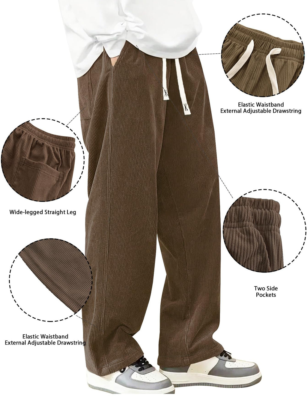 Hidkat Mens Corduroy Casual Pants Fashion Loose Fit Wide Leg Pants Straight Sweatpants Elastic Waist Drawstring Brown