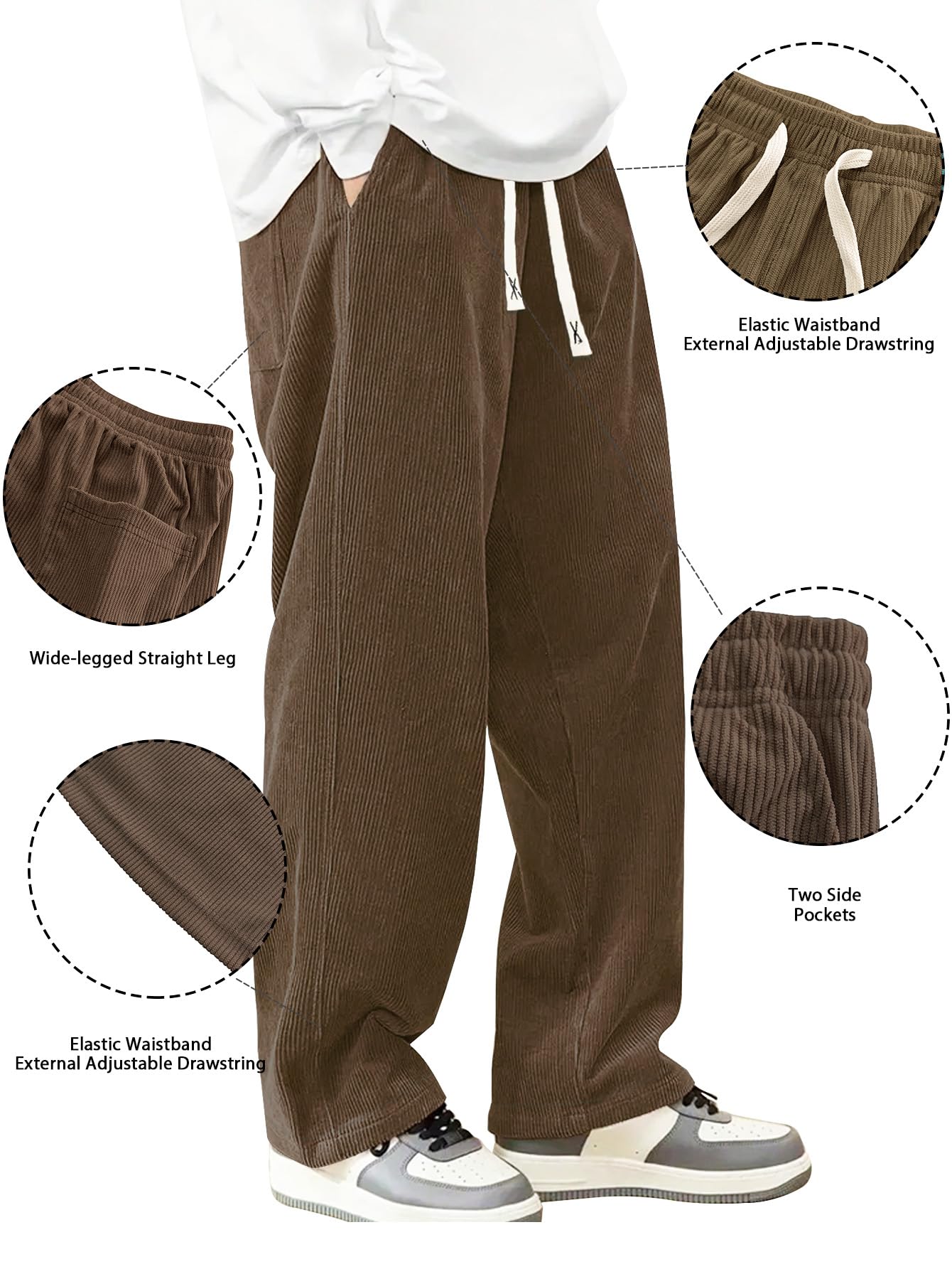 Hidkat Mens Corduroy Casual Pants Fashion Loose Fit Wide Leg Pants Straight Sweatpants Elastic Waist Drawstring Brown