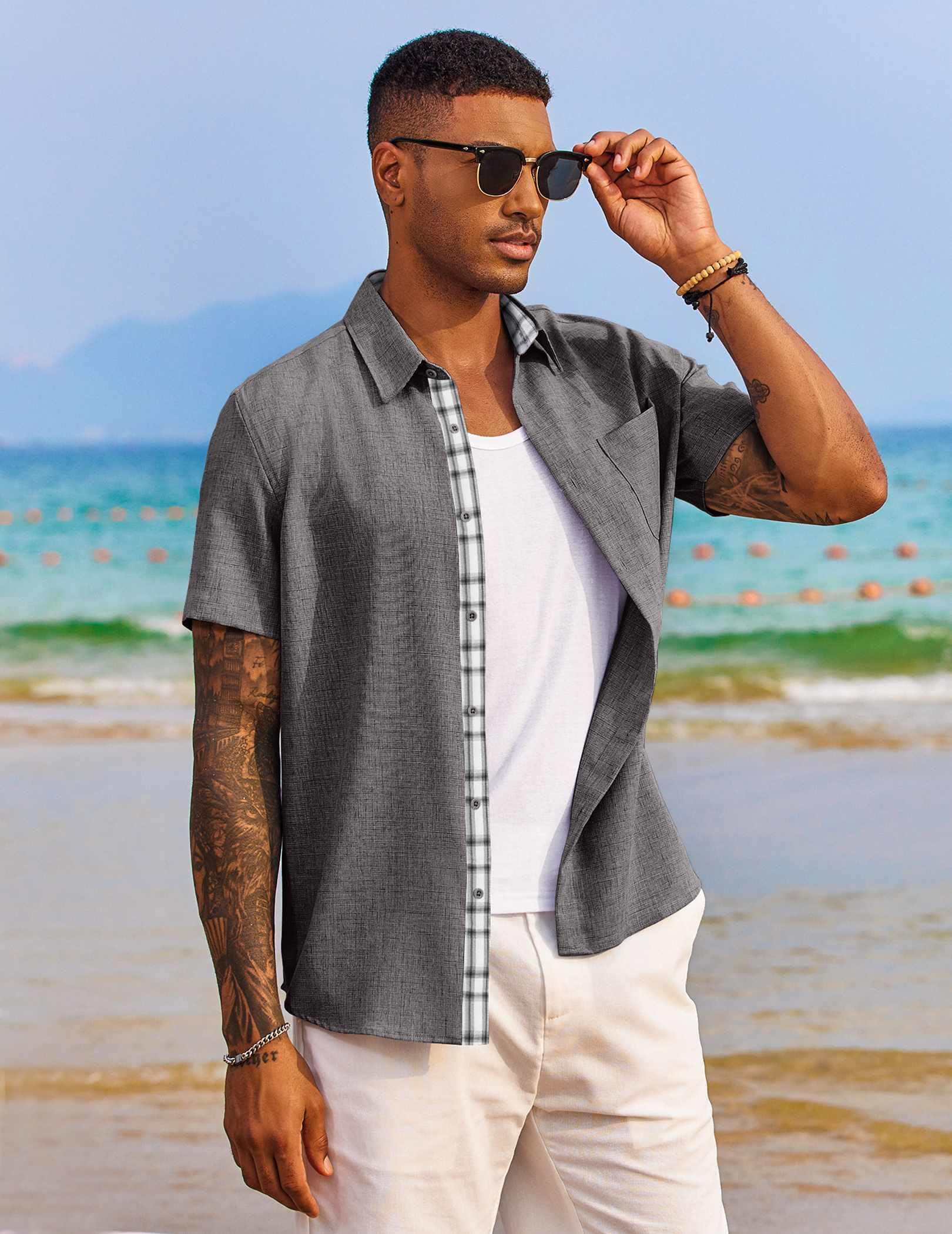 COOFANDY Men's Button Down Shirt Short Sleeve Casual Shirt Wrinkle Free Dress Shirt A-Dark Grey