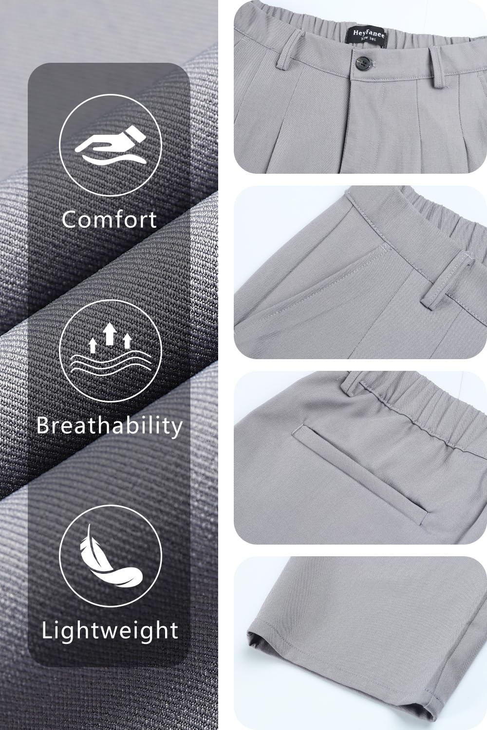 Heyfanee Mens Casual Pants Baggy with Pleats Slacks for Men Relaxed fit Lightweight Chinos Light Grey 34