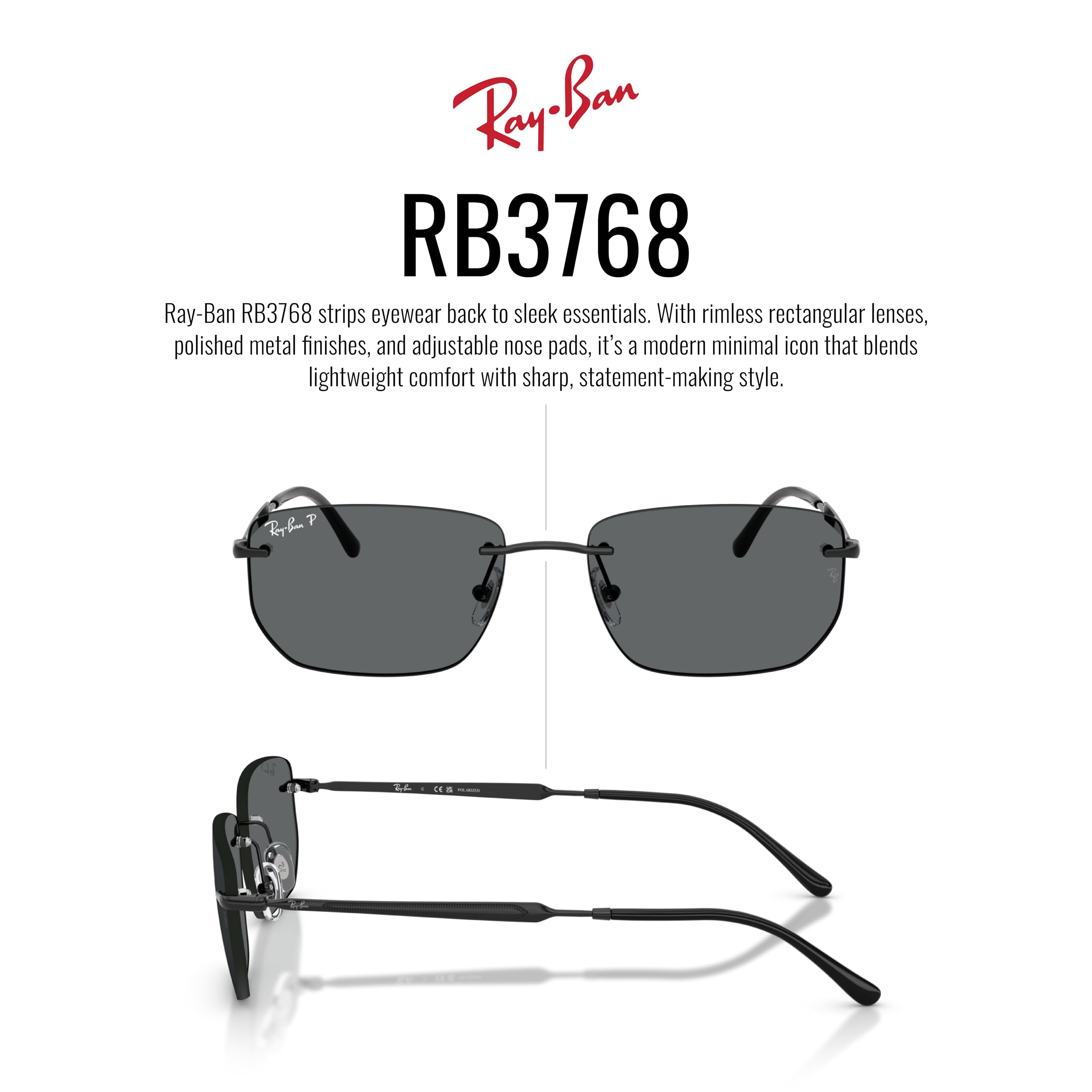 Ray-Ban RB3768 Sunglasses, Black/Dark Grey Polarized, 56 mm