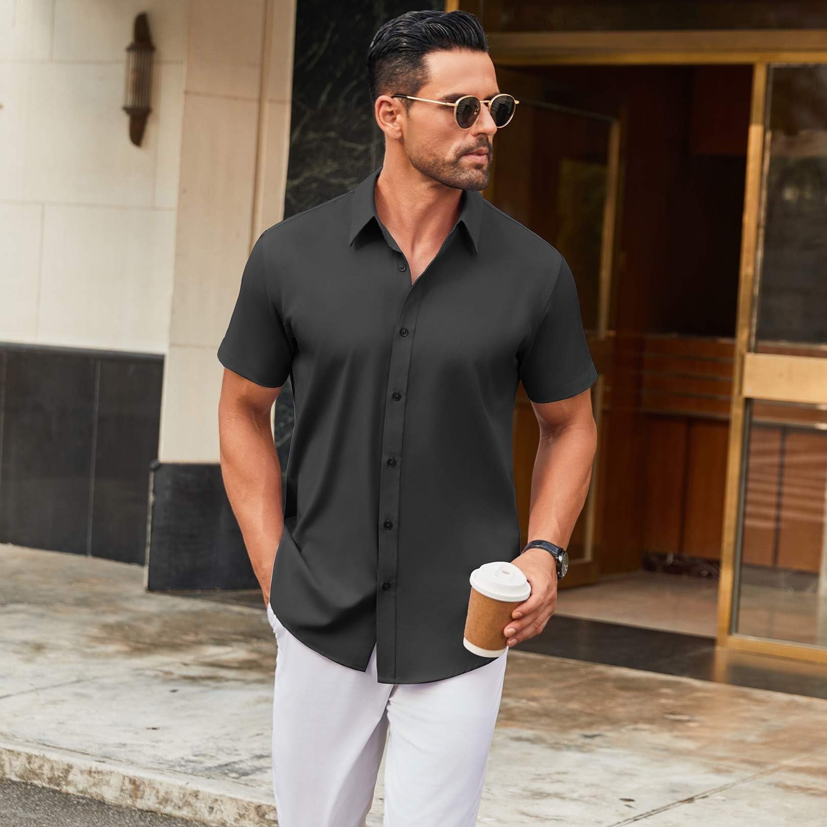 COOFANDY Mens Casual Button Down Shirts Business Formal Dress Shirts for Men 2025 Summer Wedding Shirt Dark Grey