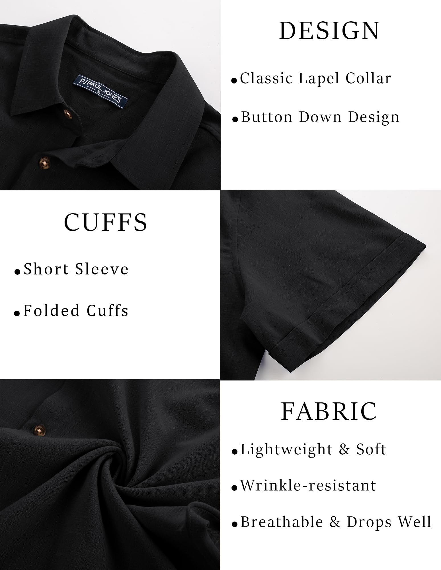 PJ Jones Mens Casual Shirts Short Sleeve Button Down Shirt Lightweight Summer Shirts Black