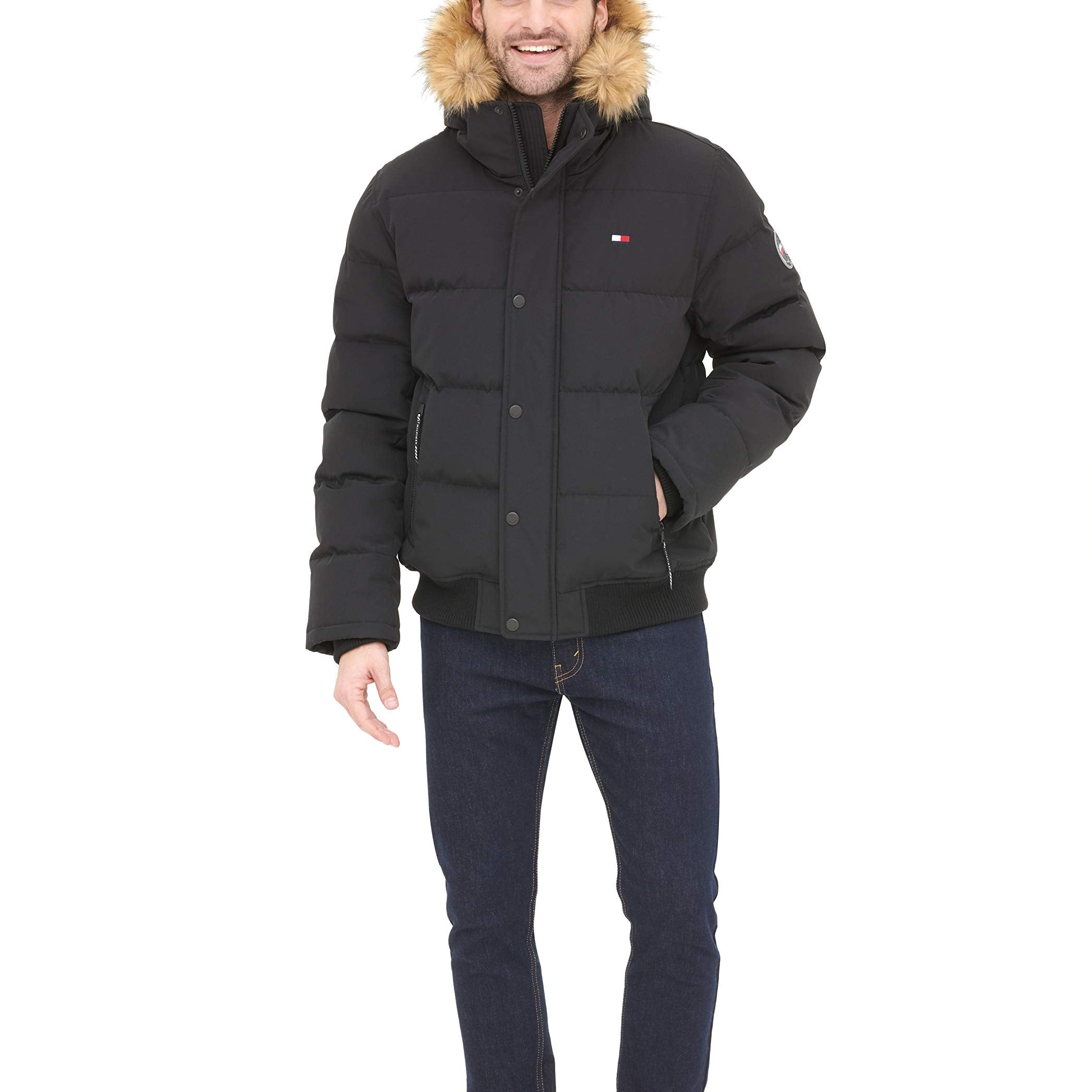 Tommy Hilfiger Men's Quilted Arctic Cloth Snorkel Bomber Jacket with Removable Hood (Standard and Big & Tall), Black, X-Large