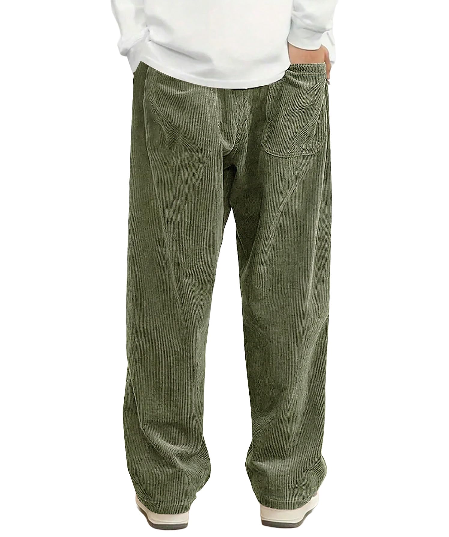 Hidkat Mens Corduroy Casual Pants Fashion Loose Fit Wide Leg Pants Straight Sweatpants Elastic Waist Drawstring Light Green