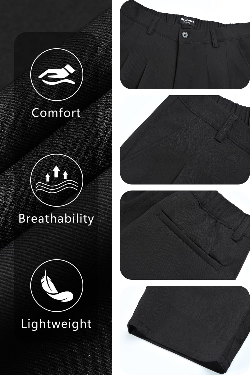 Heyfanee Mens Casual Pants Baggy with Pleats Slacks for Men Relaxed fit Lightweight Chinos Black 34