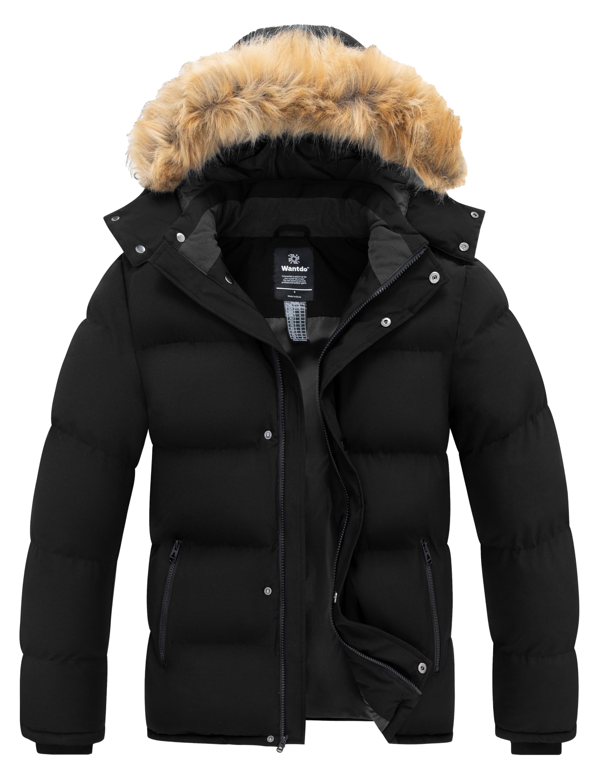 wantdo Men's Winter Jacket Black Puffer Jackets Winter Coat with Hood (Black, Medium)