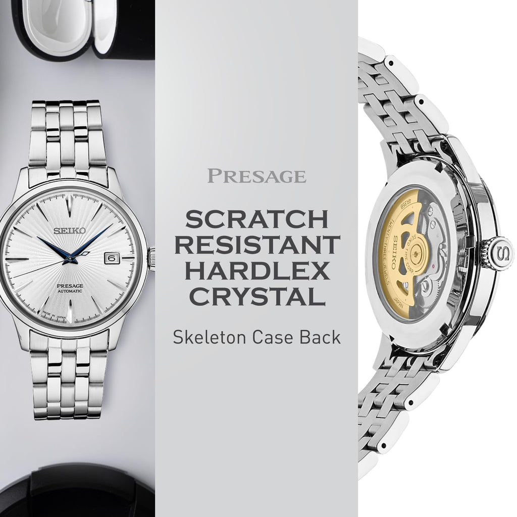 SEIKO SRPB77 Automatic Watch for Men - Presage Cocktail Time - Patterned Silver Dial with Gloss Finish, Date Calendar, 50m Water-Resistant