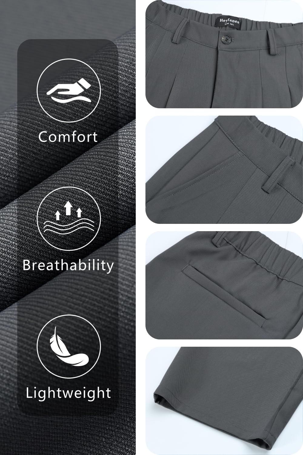 Heyfanee Mens Business Casual Pants Relaxed Fit Chino Dress Pants for Men Baggy Slacks Dark Grey 34