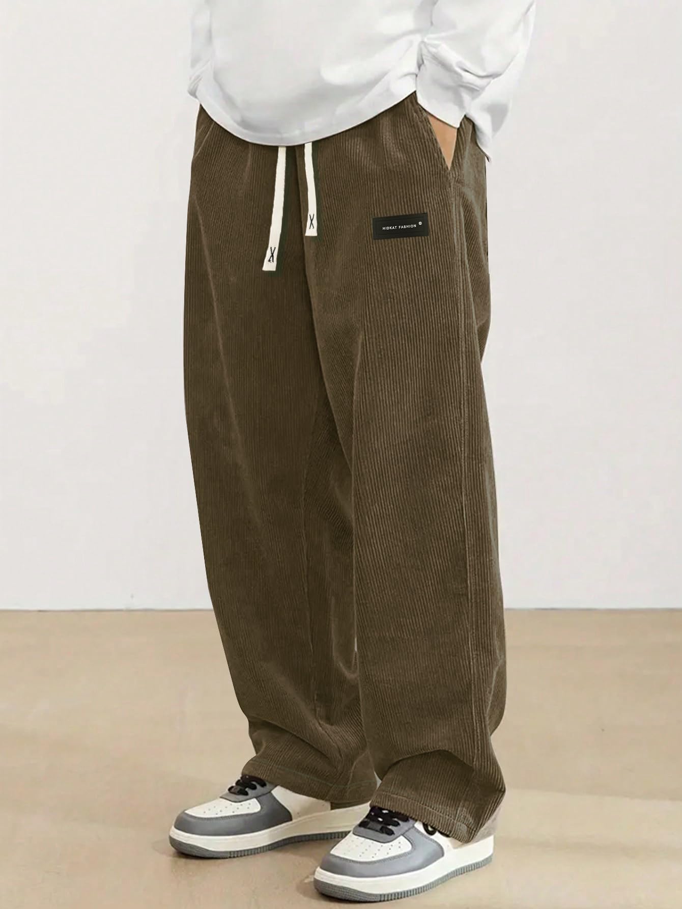 Hidkat Mens Corduroy Casual Pants Fashion Loose Fit Wide Leg Pants Straight Sweatpants Elastic Waist Drawstring Brown