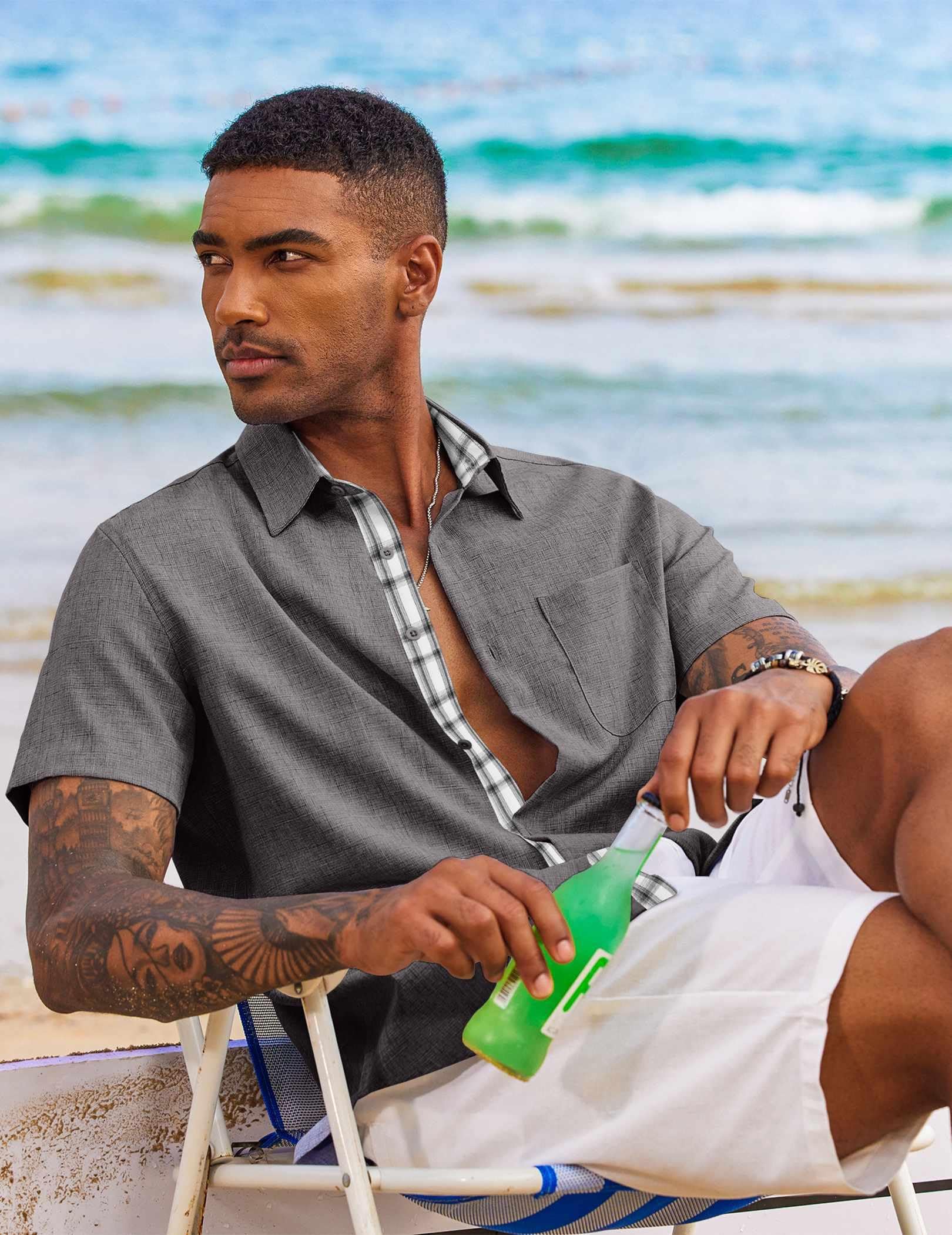COOFANDY Men's Button Down Shirt Short Sleeve Casual Shirt Wrinkle Free Dress Shirt A-Dark Grey