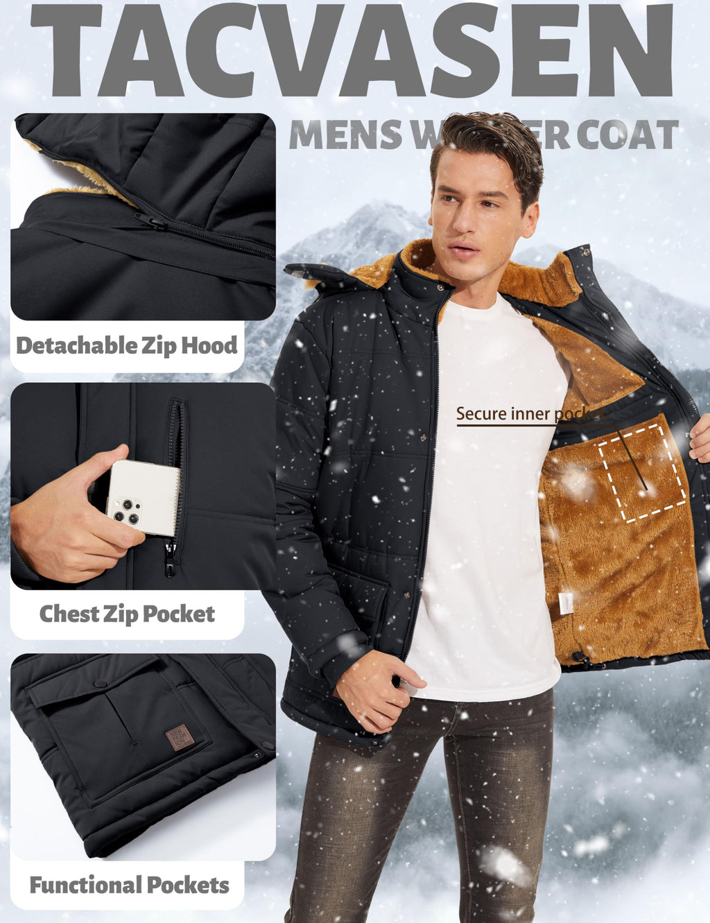TACVASEN Coat for Men Winter Jacket with Hood Water Repellent Windbreaker Warm Fleece Hiking Jacket Black