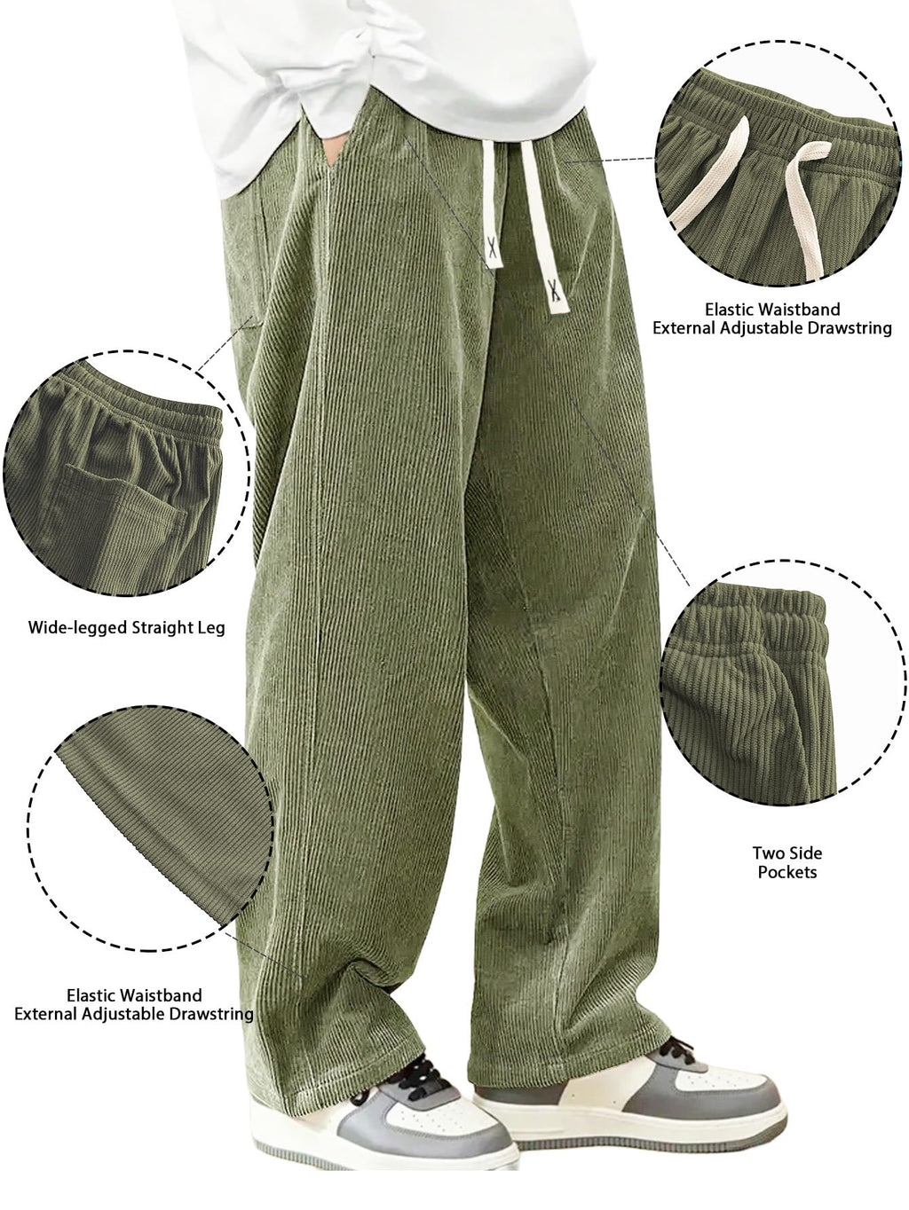 Hidkat Mens Corduroy Casual Pants Fashion Loose Fit Wide Leg Pants Straight Sweatpants Elastic Waist Drawstring Light Green