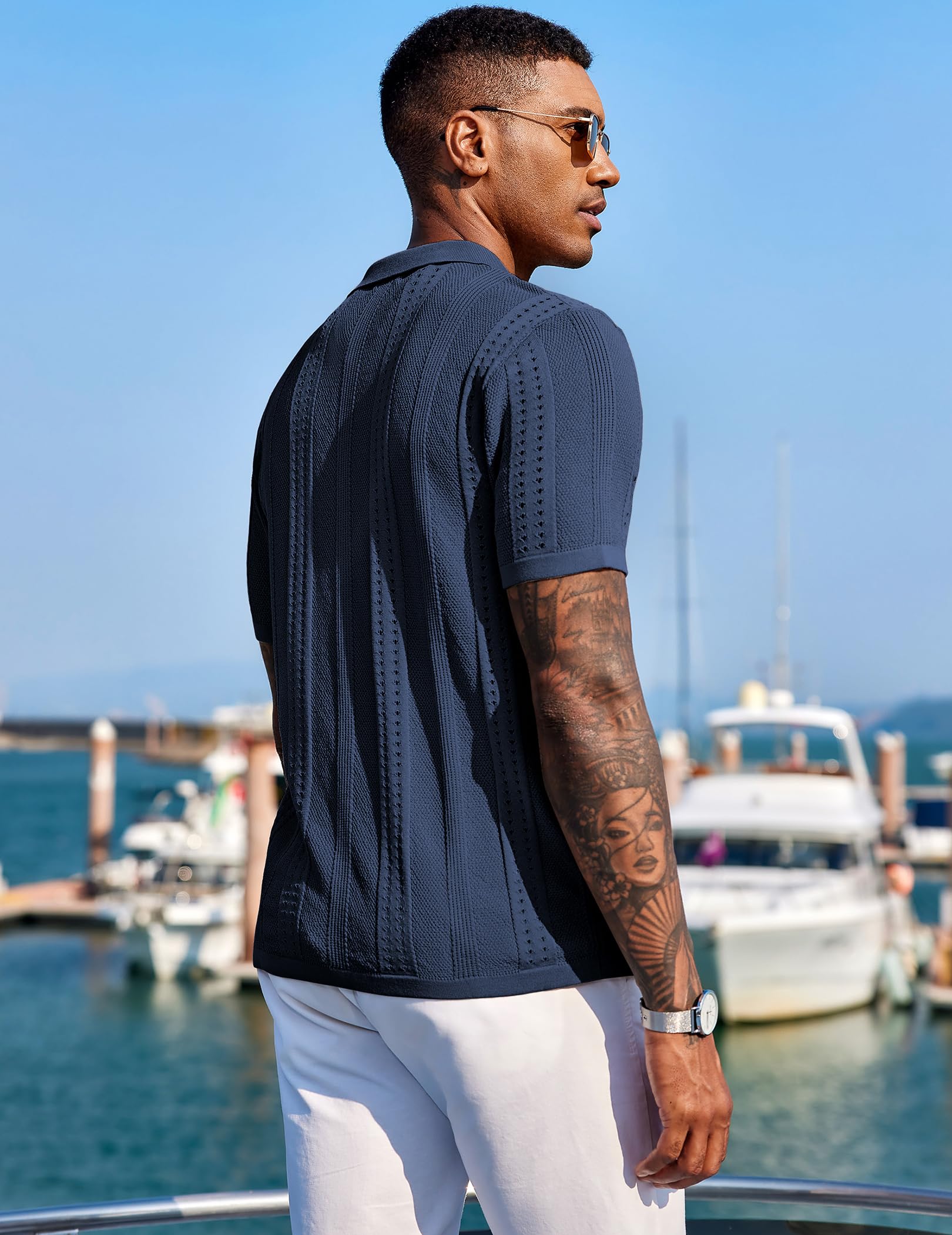 COOFANDY Men's Knit Button Down Shirt Short Sleeve Polo Shirts Casual Summer Beach Tops, Navy Blue, Large