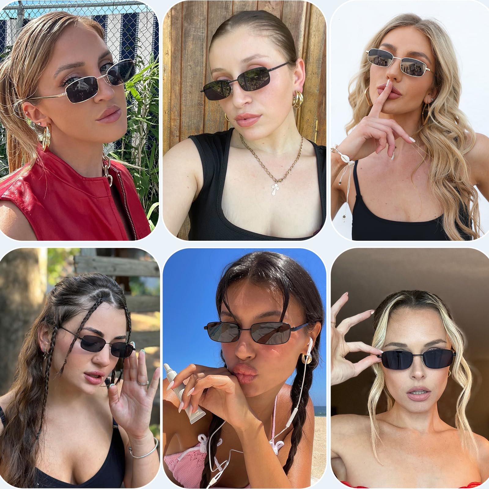 Fozono Rectangle Sunglasses for Womens Mens 90s Retro Small Narrow Square Frame UV400 Protection/Black Gray