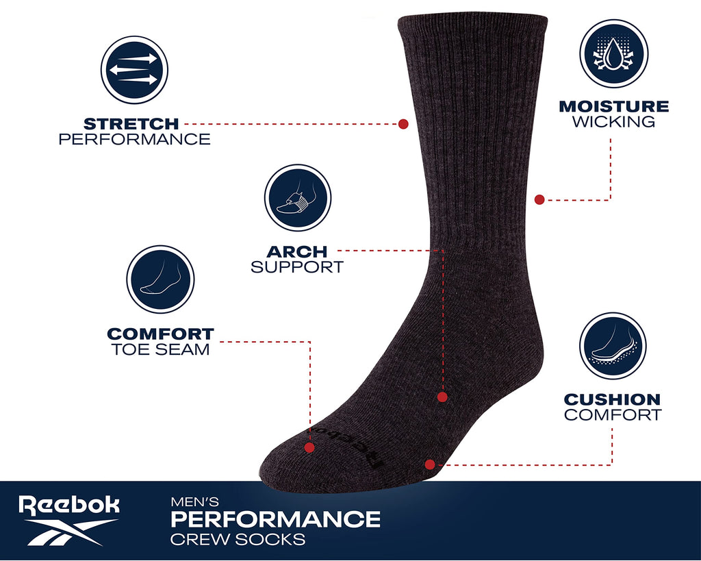Reebok Mens Athletic Crew Socks - 5 Pack Moisture Wicking Cushioned Athletic Socks for Men with Reinforced Seams (6-12.5), Size 6-12.5, All White