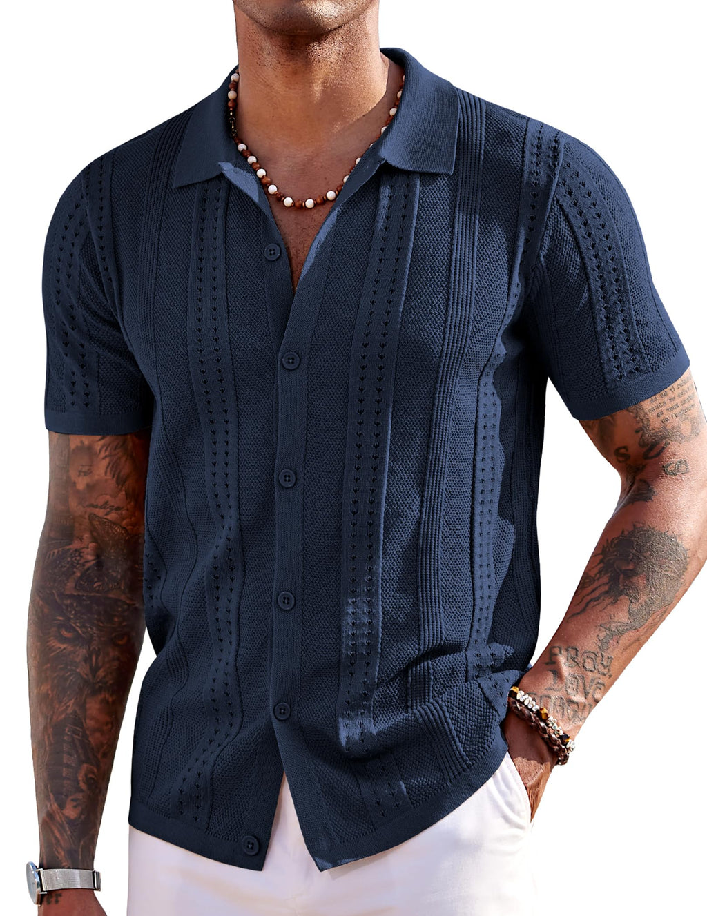 COOFANDY Men's Knit Button Down Shirt Short Sleeve Polo Shirts Casual Summer Beach Tops, Navy Blue, Large