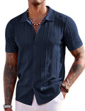 COOFANDY Men's Knit Button Down Shirt Short Sleeve Polo Shirts Casual Summer Beach Tops, Navy Blue, Large