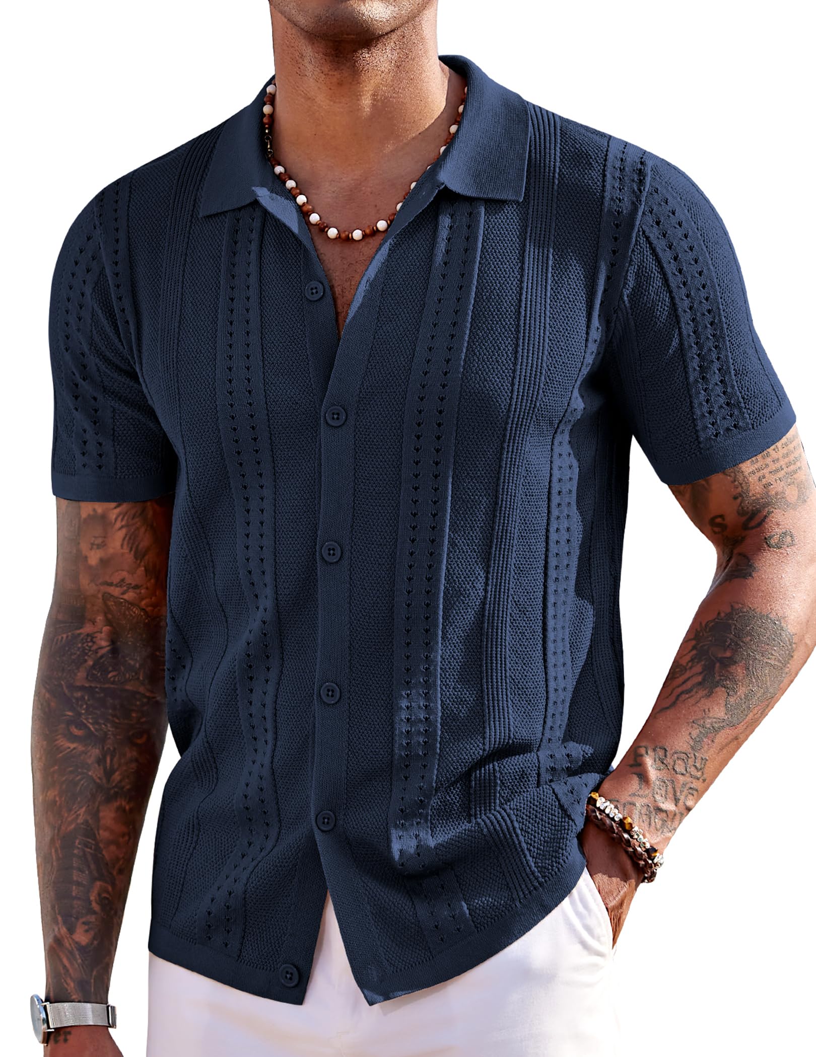COOFANDY Men's Knit Button Down Shirt Short Sleeve Polo Shirts Casual Summer Beach Tops, Navy Blue, Large
