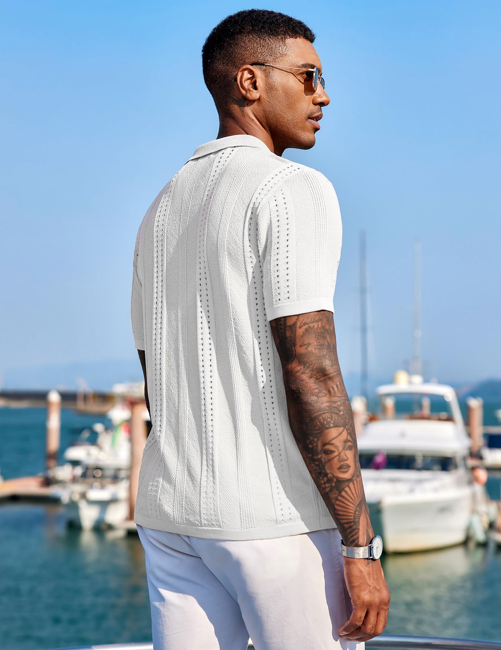COOFANDY Men's Short Sleeve Knit Polo Shirts Vintage Lightweight Breathable Button Down Cardigan Golf Shirts, White, Large