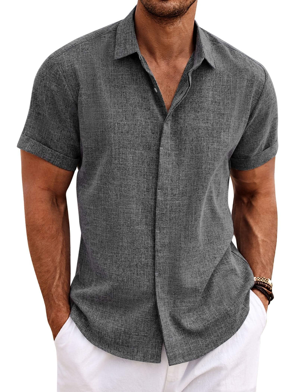 COOFANDY Men's Beach Linen Shirt Business Shirts Fitted Casual Shirt Short Sleeve Summer Vacation Dark Grey