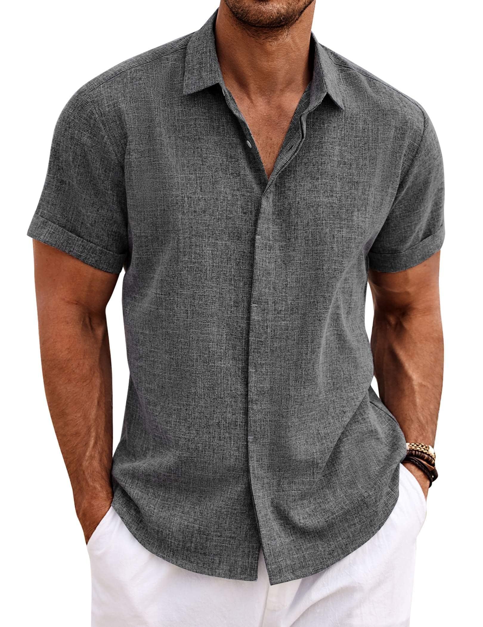 COOFANDY Men's Beach Linen Shirt Business Shirts Fitted Casual Shirt Short Sleeve Summer Vacation Dark Grey