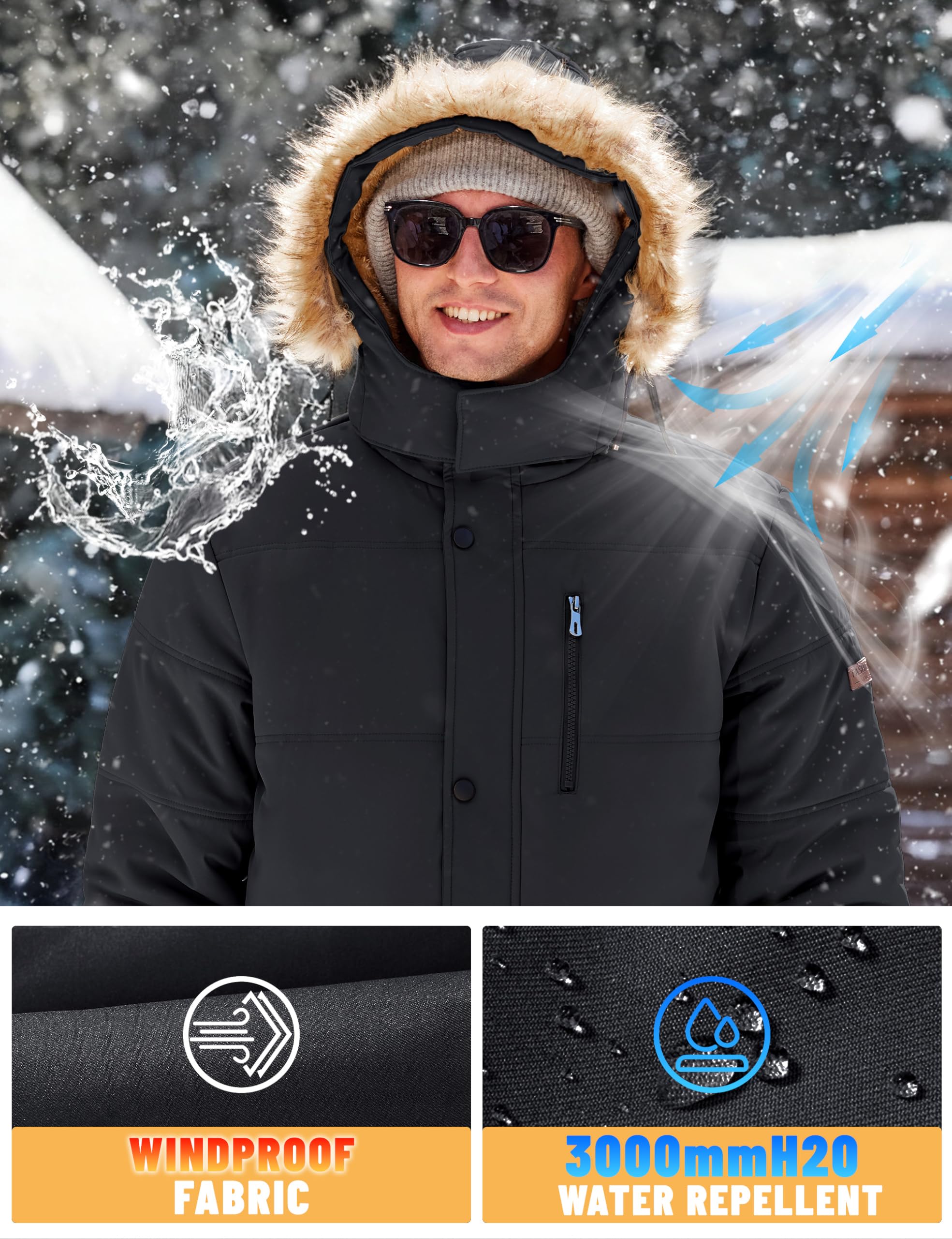 TACVASEN Coat for Men Winter Jacket with Hood Water Repellent Windbreaker Warm Fleece Hiking Jacket Black