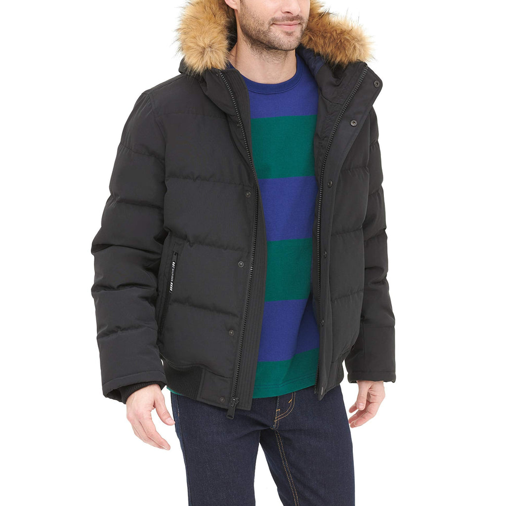 Tommy Hilfiger Men's Quilted Arctic Cloth Snorkel Bomber Jacket with Removable Hood (Standard and Big & Tall), Black, X-Large