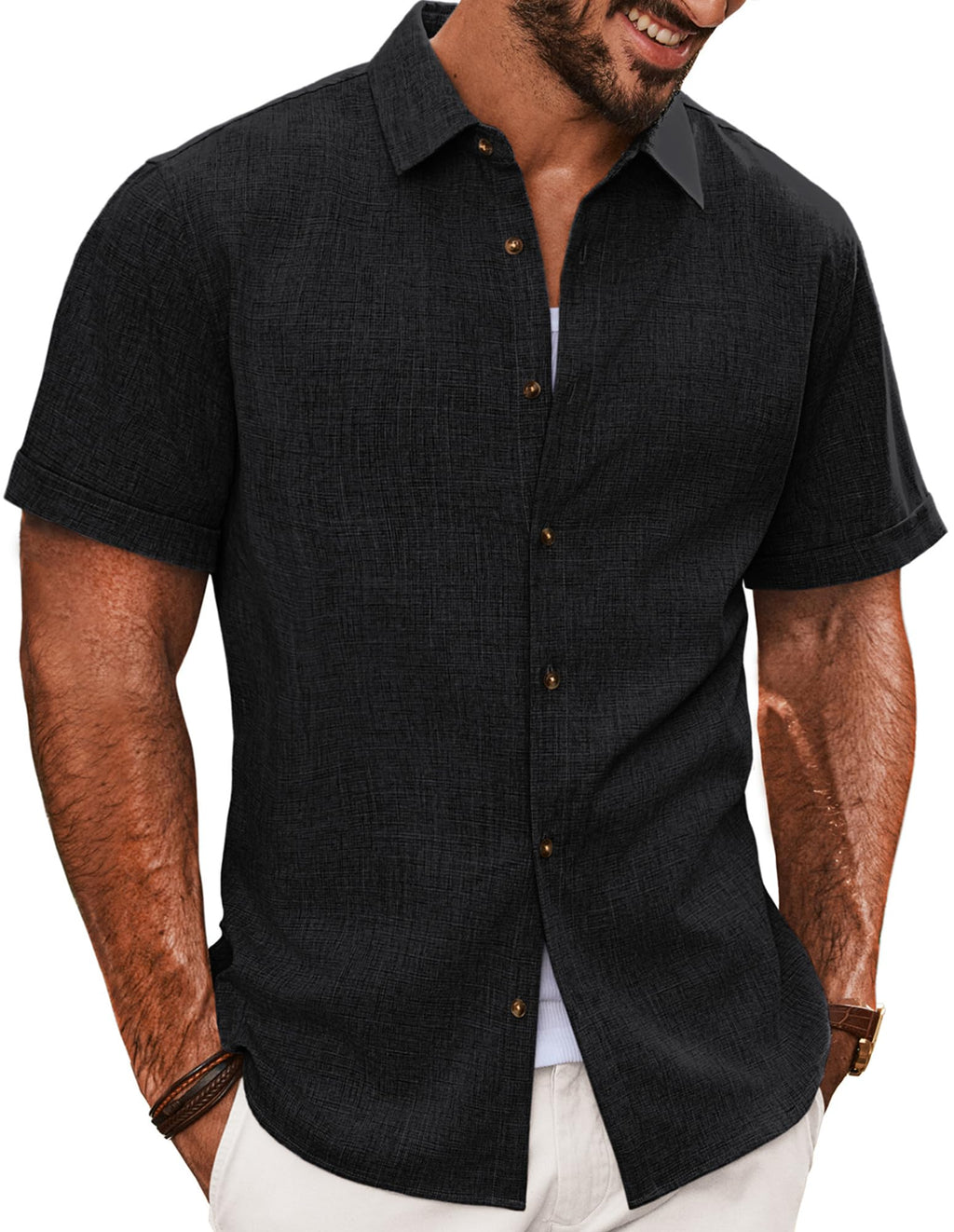 PJ Jones Mens Casual Shirts Short Sleeve Button Down Shirt Lightweight Summer Shirts Black