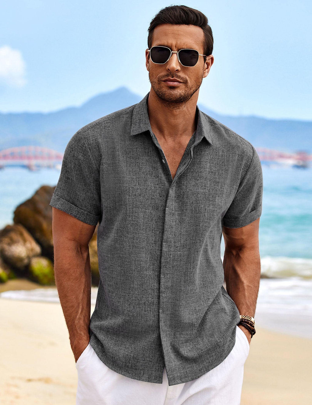 COOFANDY Men's Beach Linen Shirt Business Shirts Fitted Casual Shirt Short Sleeve Summer Vacation Dark Grey