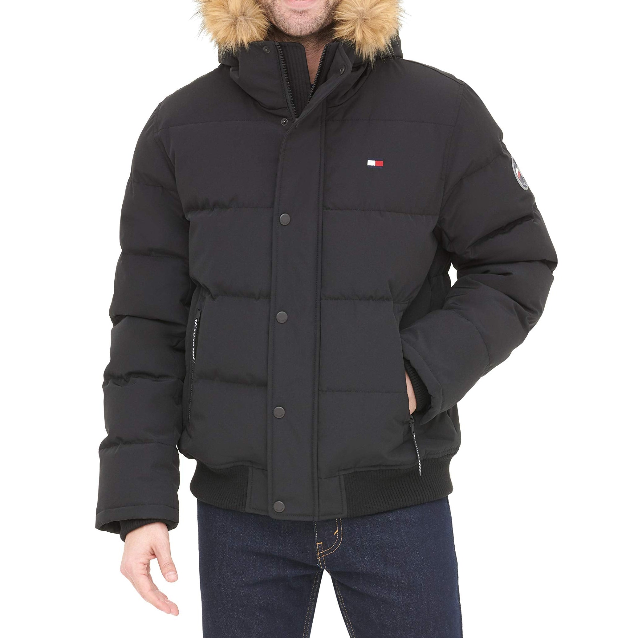 Tommy Hilfiger Men's Quilted Arctic Cloth Snorkel Bomber Jacket with Removable Hood (Standard and Big & Tall), Black, X-Large