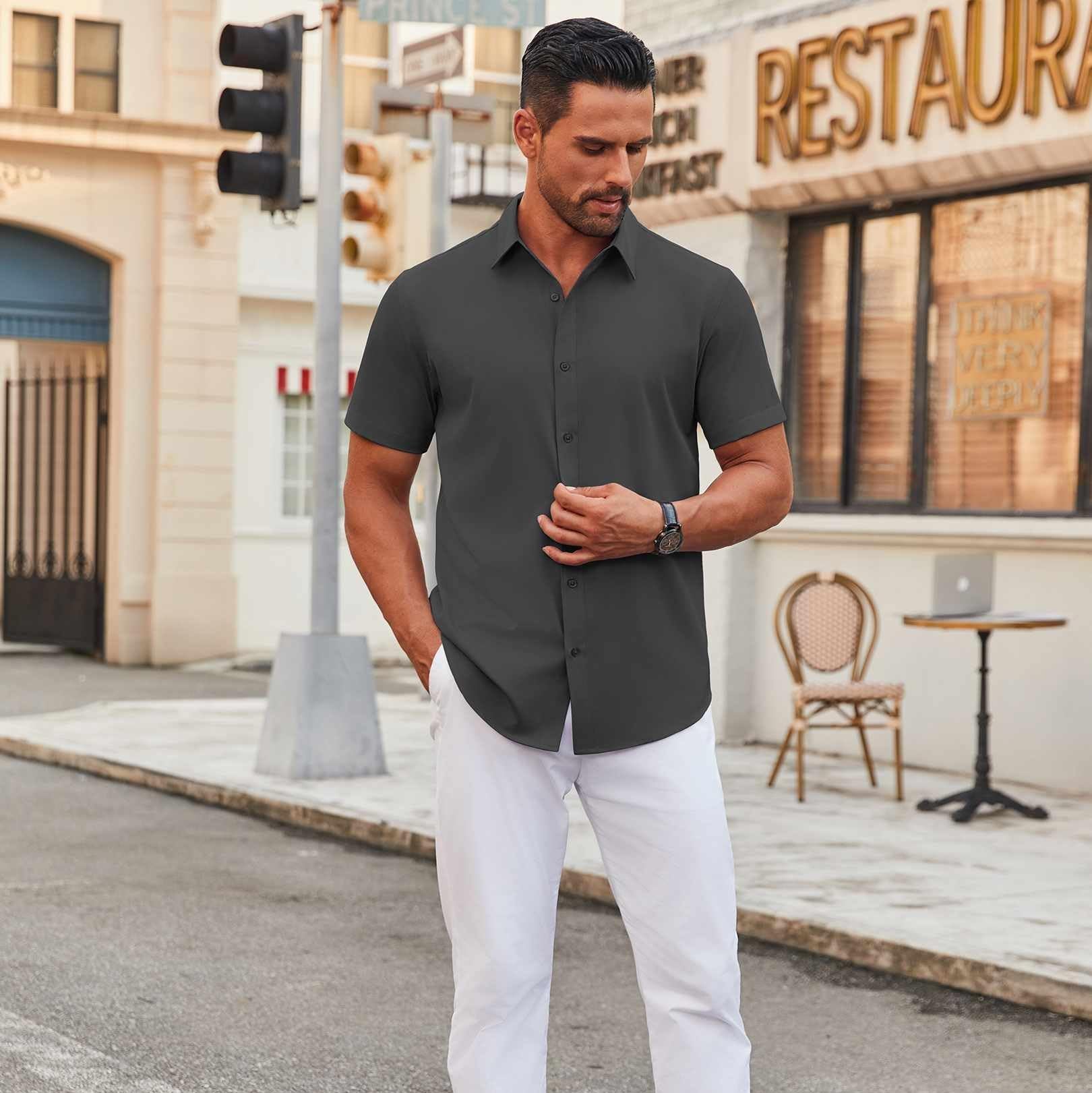 COOFANDY Mens Casual Button Down Shirts Business Formal Dress Shirts for Men 2025 Summer Wedding Shirt Dark Grey