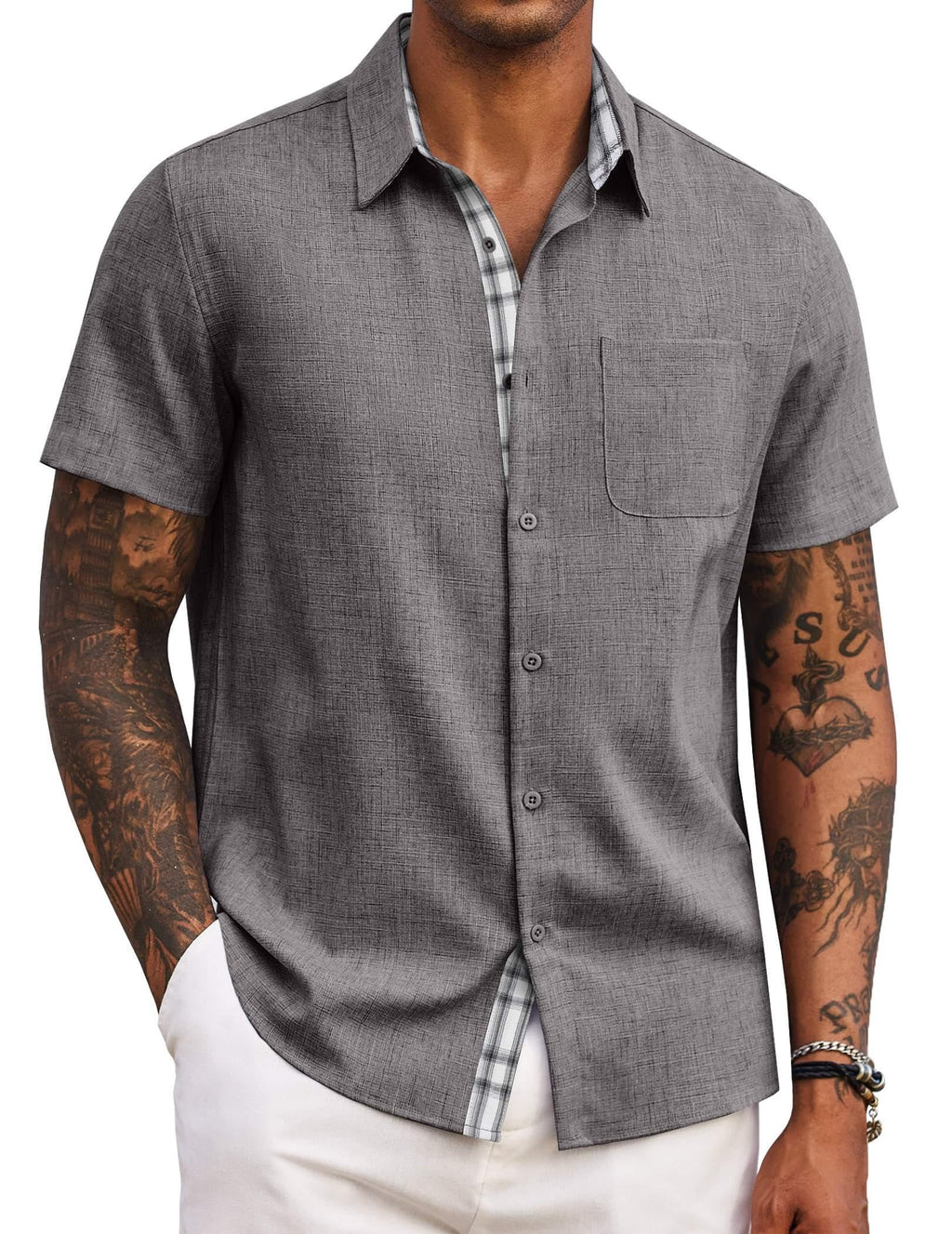 COOFANDY Men's Button Down Shirt Short Sleeve Casual Shirt Wrinkle Free Dress Shirt A-Dark Grey
