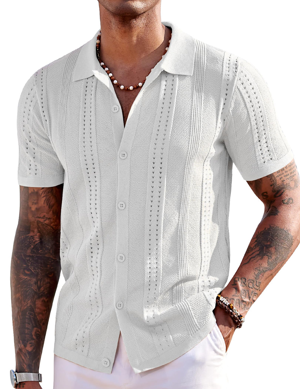 COOFANDY Men's Short Sleeve Knit Polo Shirts Vintage Lightweight Breathable Button Down Cardigan Golf Shirts, White, Large