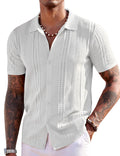 COOFANDY Men's Short Sleeve Knit Polo Shirts Vintage Lightweight Breathable Button Down Cardigan Golf Shirts, White, Large