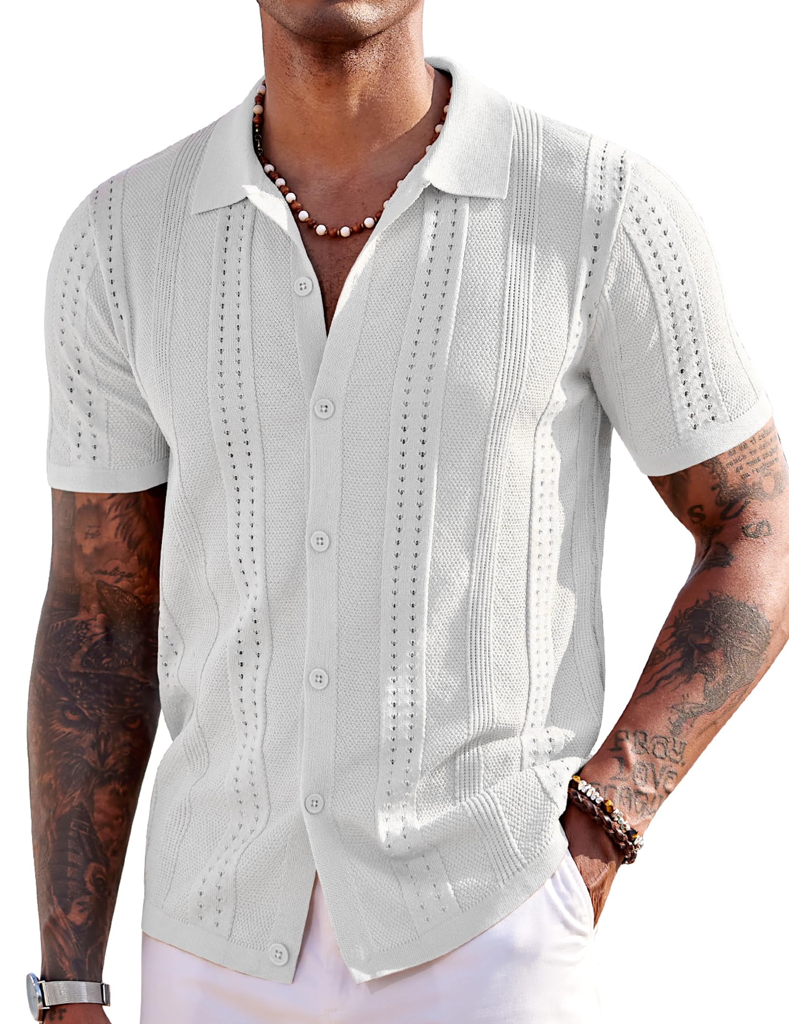 COOFANDY Men's Short Sleeve Knit Polo Shirts Vintage Lightweight Breathable Button Down Cardigan Golf Shirts, White, Large