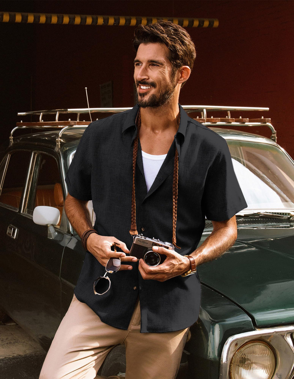 PJ Jones Mens Casual Shirts Short Sleeve Button Down Shirt Lightweight Summer Shirts Black