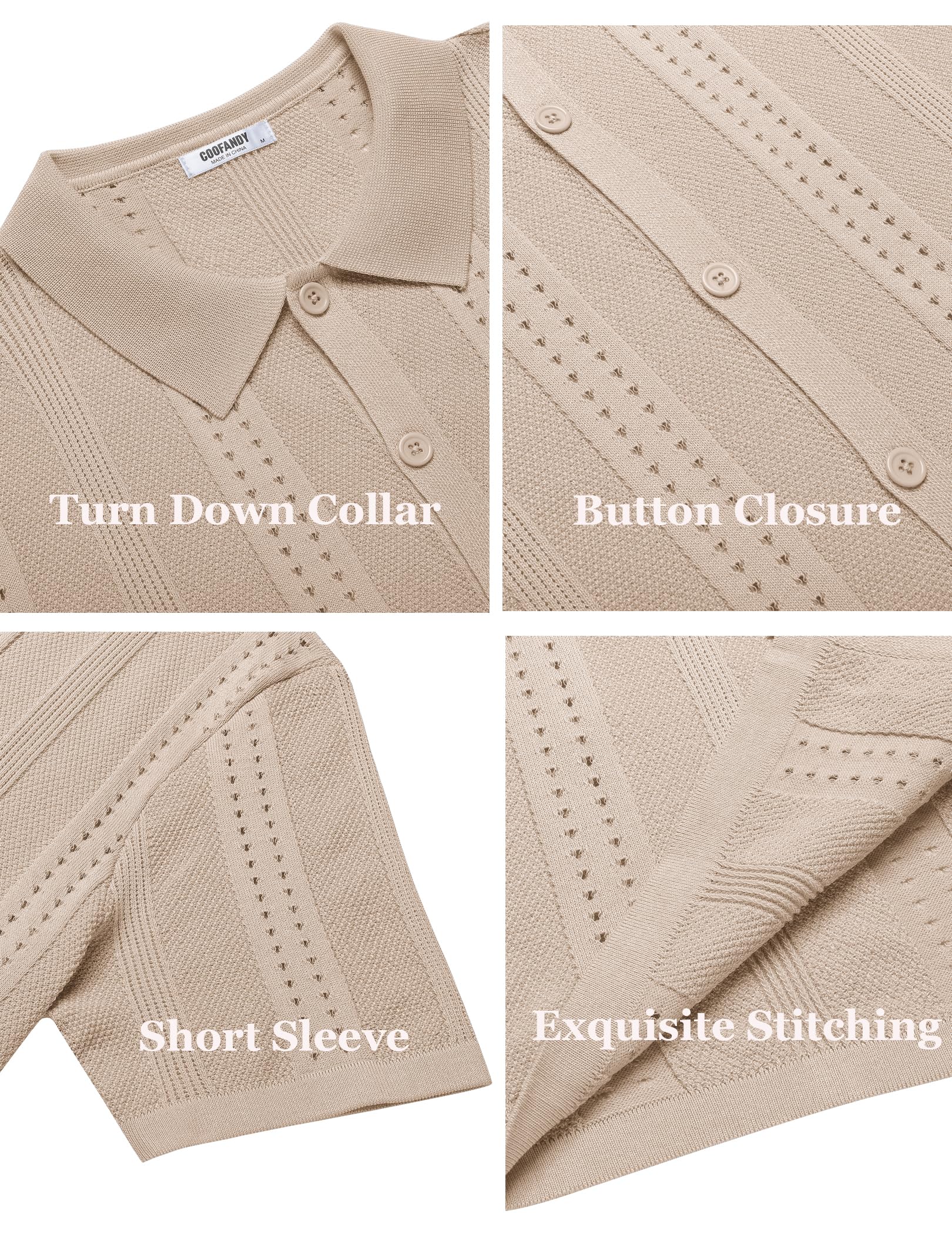 COOFANDY Men's Knit Shirts Short Sleeve Button Up Polo Shirt Fashion Casual Summer Beach Shirts, Apricot, Large