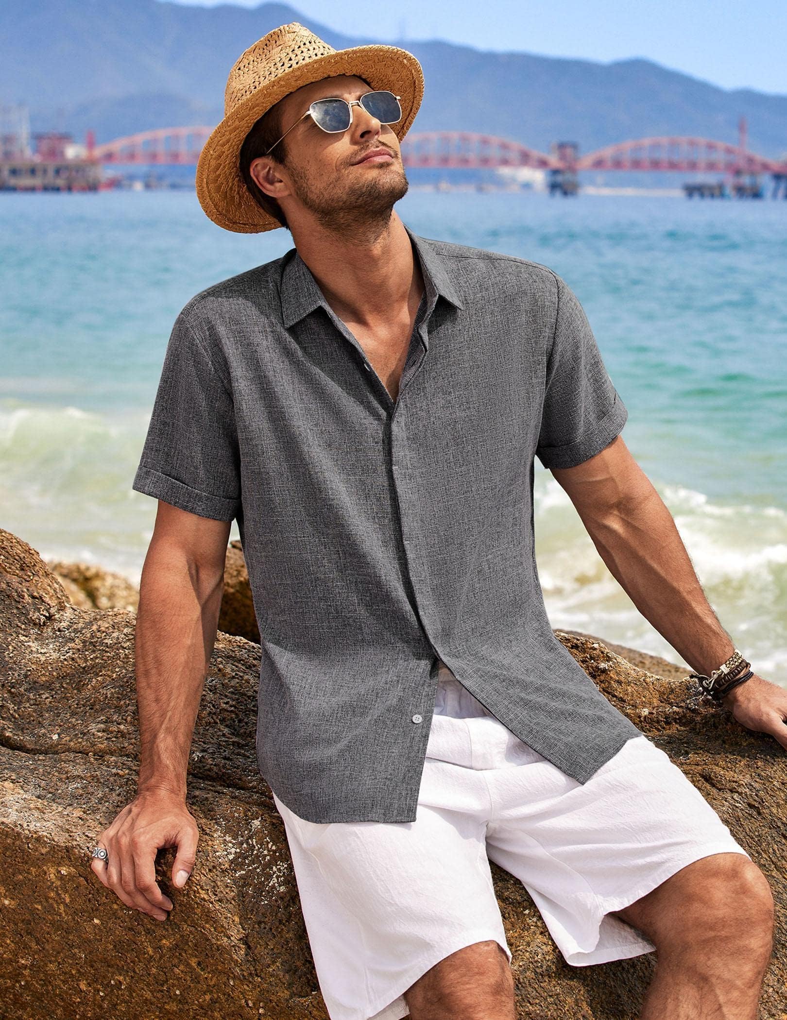 COOFANDY Men's Beach Linen Shirt Business Shirts Fitted Casual Shirt Short Sleeve Summer Vacation Dark Grey