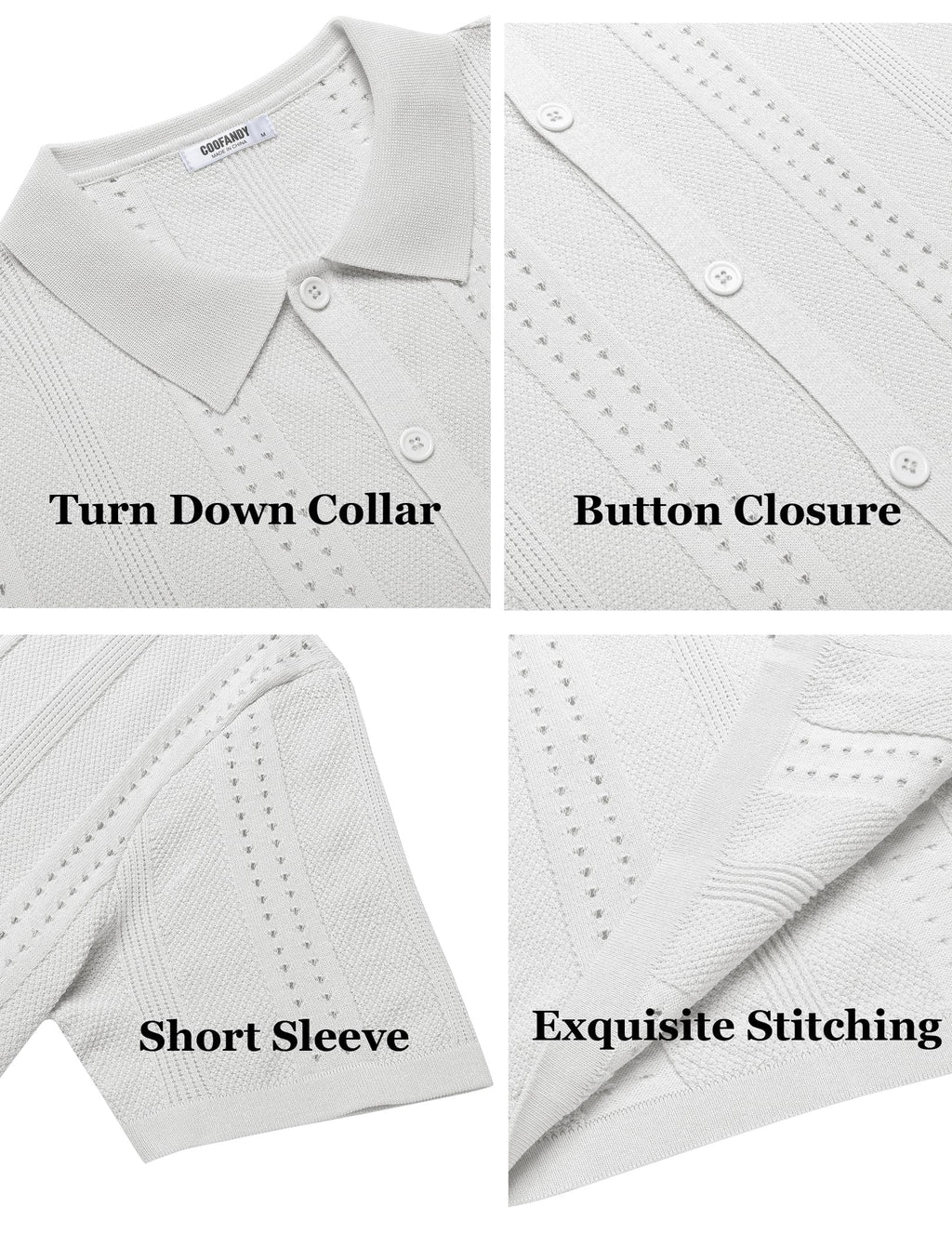 COOFANDY Men's Short Sleeve Knit Polo Shirts Vintage Lightweight Breathable Button Down Cardigan Golf Shirts, White, Large