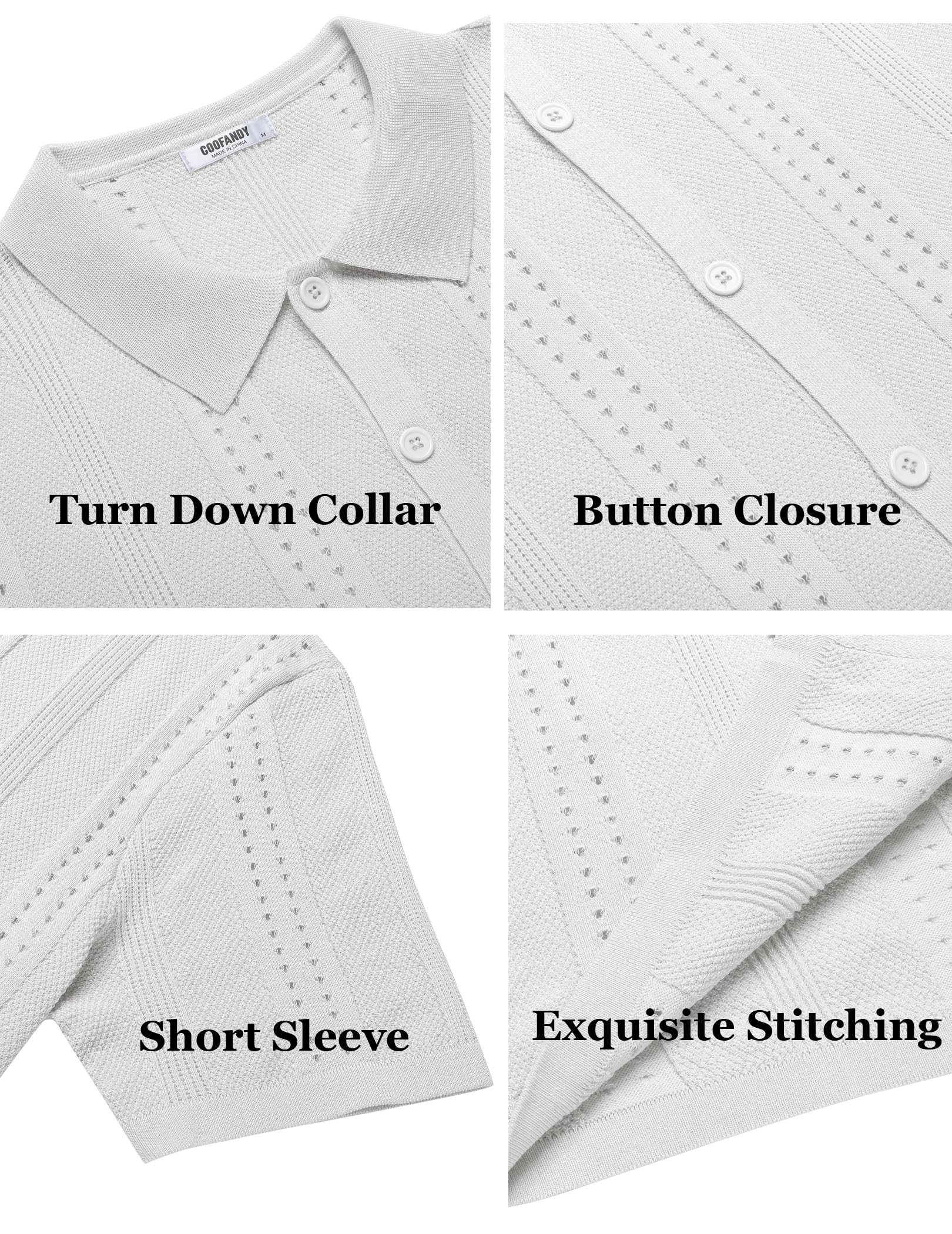 COOFANDY Men's Short Sleeve Knit Polo Shirts Vintage Lightweight Breathable Button Down Cardigan Golf Shirts, White, Large