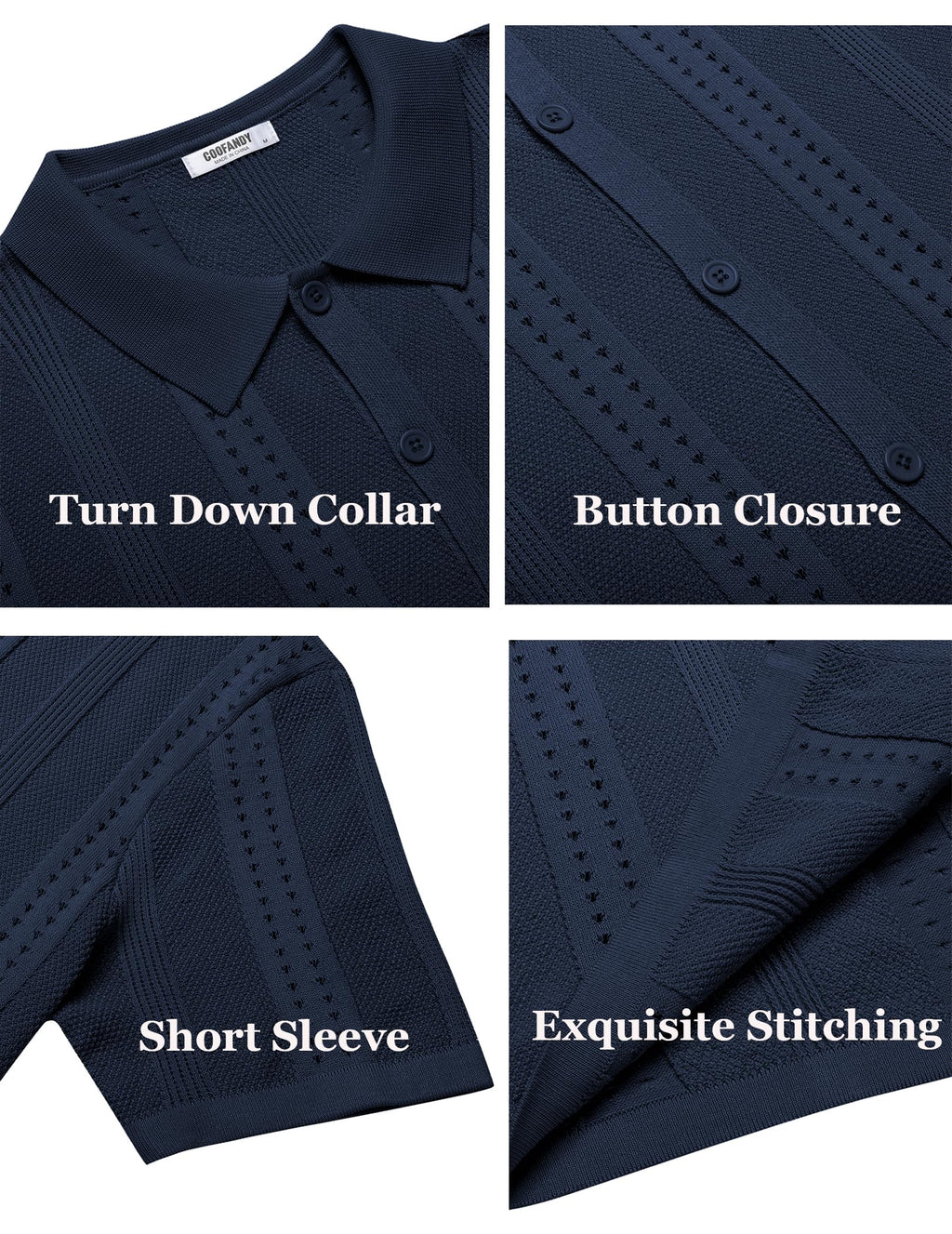 COOFANDY Men's Knit Button Down Shirt Short Sleeve Polo Shirts Casual Summer Beach Tops, Navy Blue, Large
